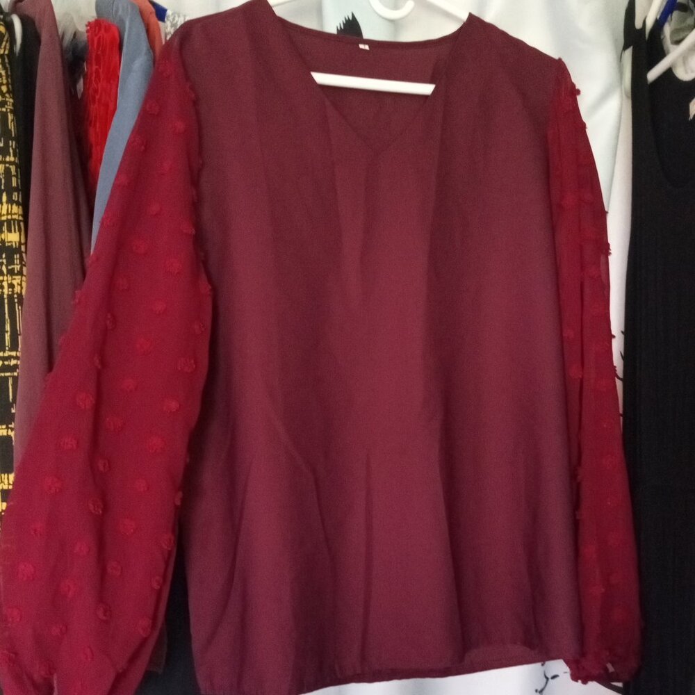 Maroon Blouse w/ Sheer Clip Dot Sleeves